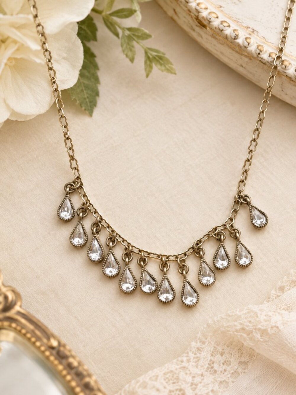 Vintage Antique Gold Tone Clear Teardrop Rhinestone Fringe Necklace
